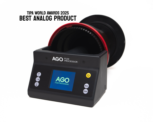 AGO film processor with 'Best Analog Product' award text on a white background available in Ireland at Retro Cameras Ireland