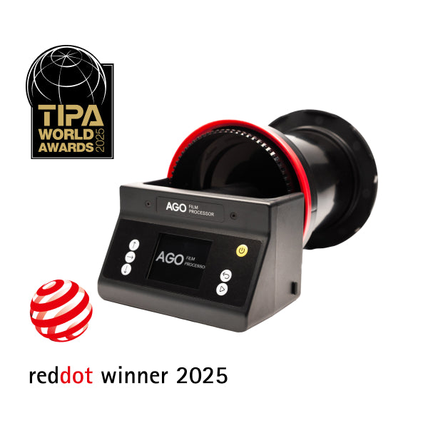 Film processor with TIPA World Awards and Red Dot Award logos on a white background