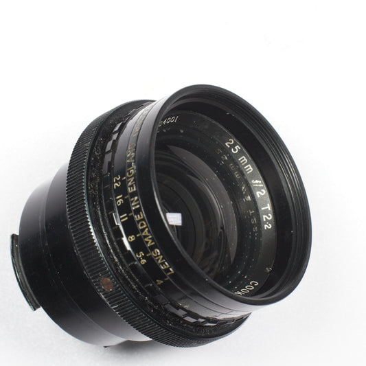 Cooke Speed Panchro 25mm f/2 (T2.2) Series III vintage lens by Taylor Hobson, iconic for its warm, cinematic look, displayed with a metal body and classic design, available at Retro Cameras Ireland