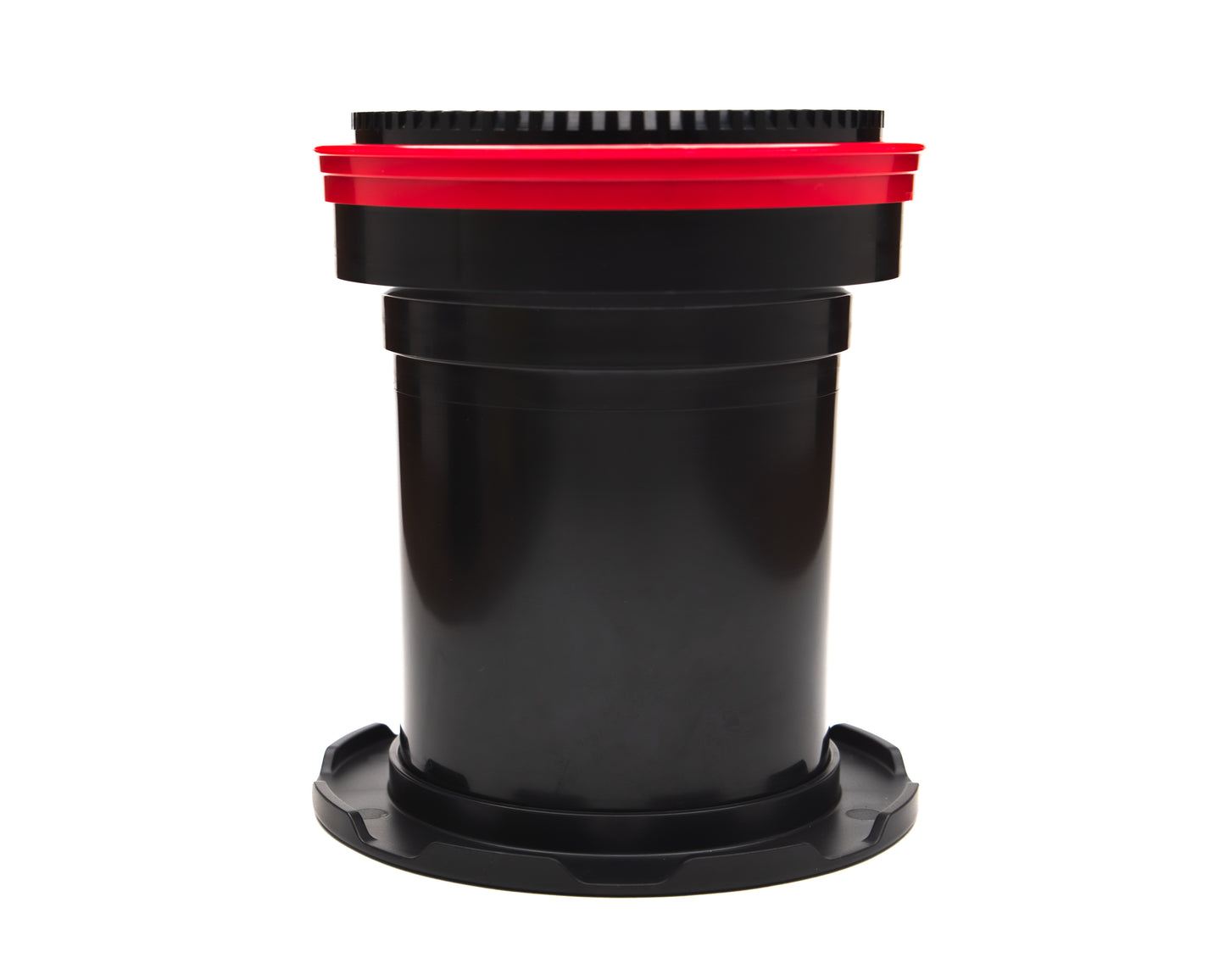 Black cylindrical container with a red top on a white background