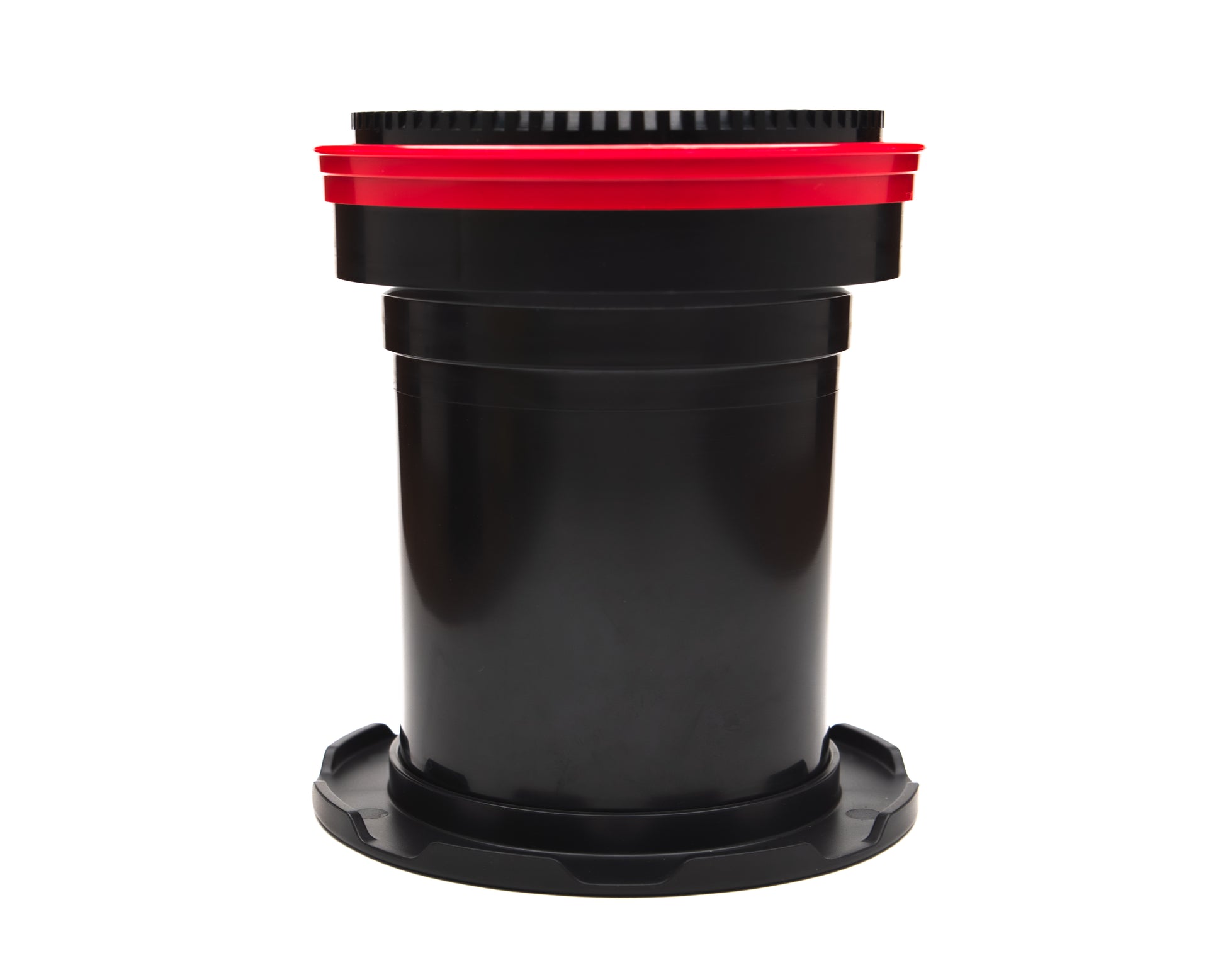 Black cylindrical container with a red top on a white background